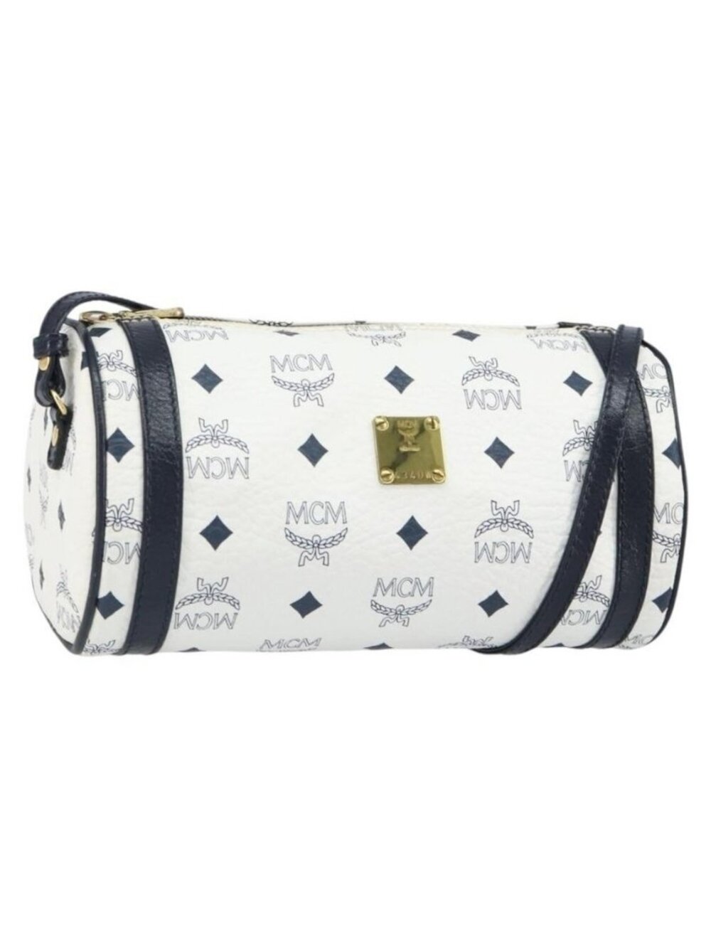 Authentic MCM Vicetos Logogram Shoulder Bag PVC Leather White Gold